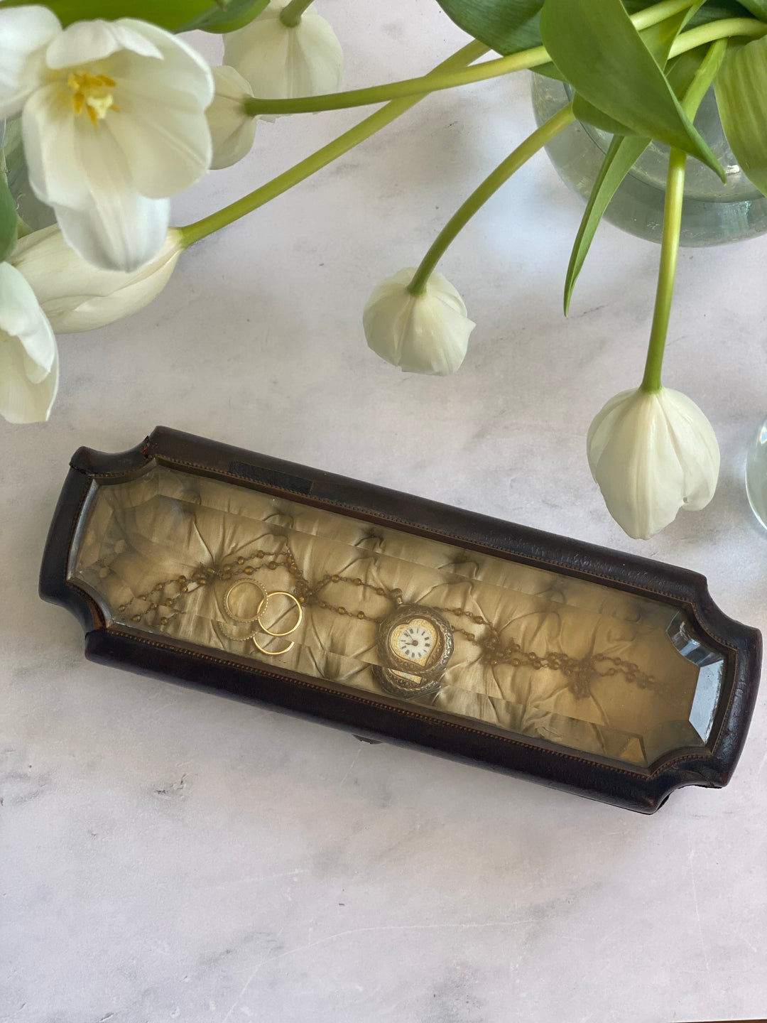 19th century French Napoleon III leather and beveled glass top glove box