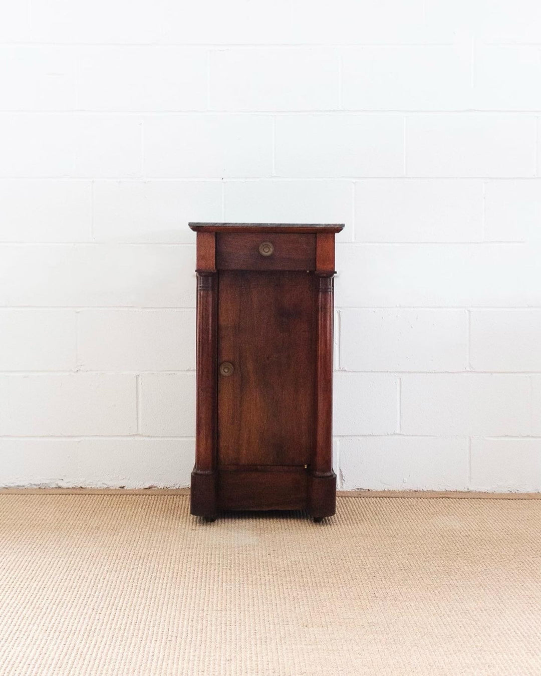 19th century French Empire cherry wood nightstand with gray marble top