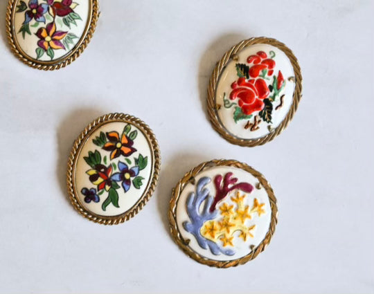 vintage french studio art hand painted ceramic brooch