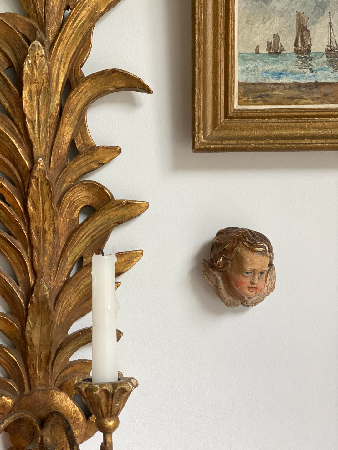 19th century french polychrome plaster Putti angel fragment