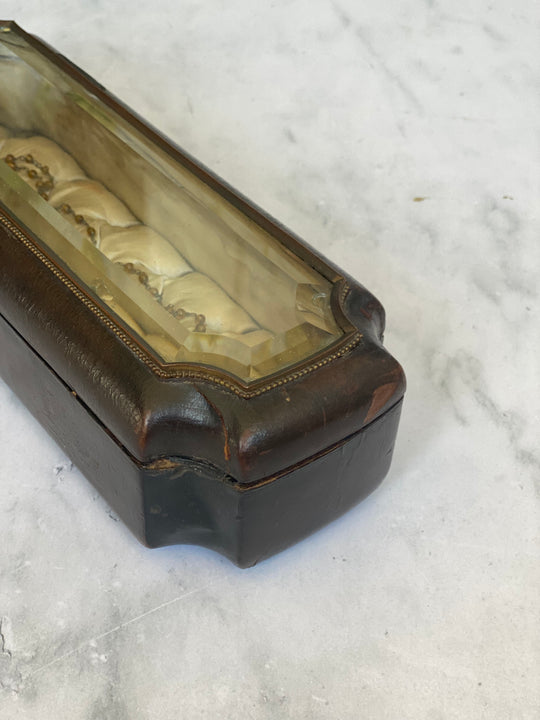 19th century French Napoleon III leather and beveled glass top glove box