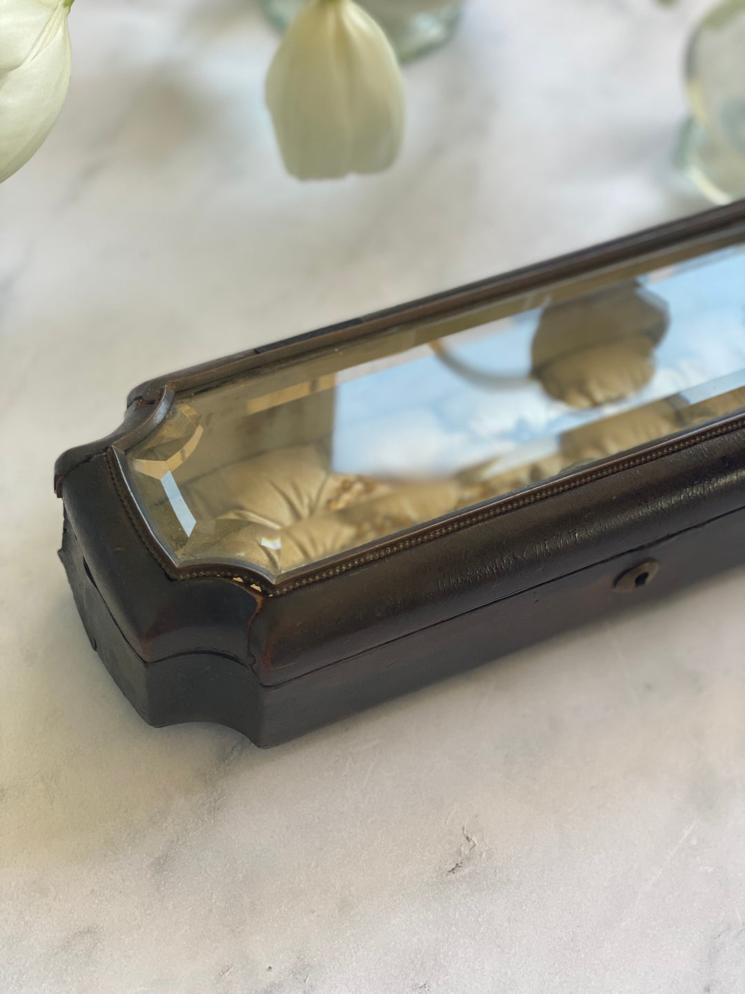 19th century French Napoleon III leather and beveled glass top glove box