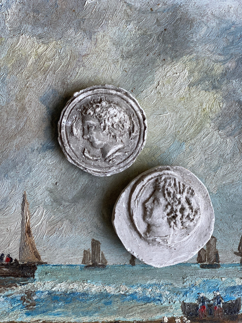 antique french plaster cast Roman coin medallion set