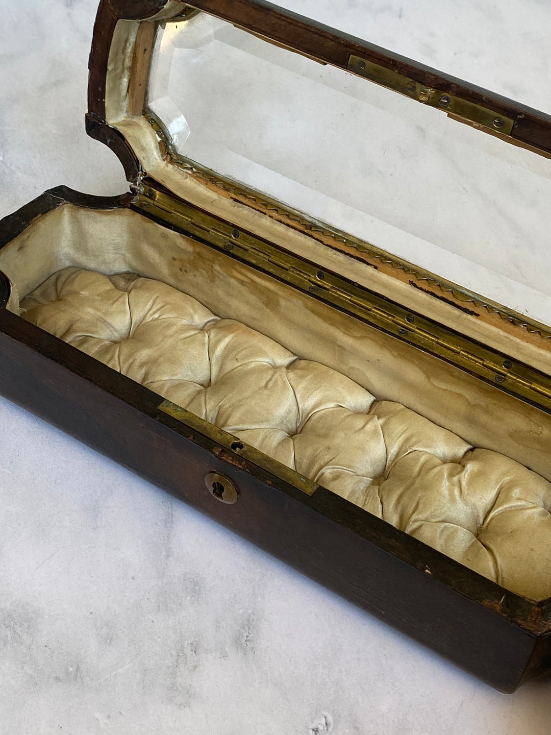 19th century French Napoleon III leather and beveled glass top glove box