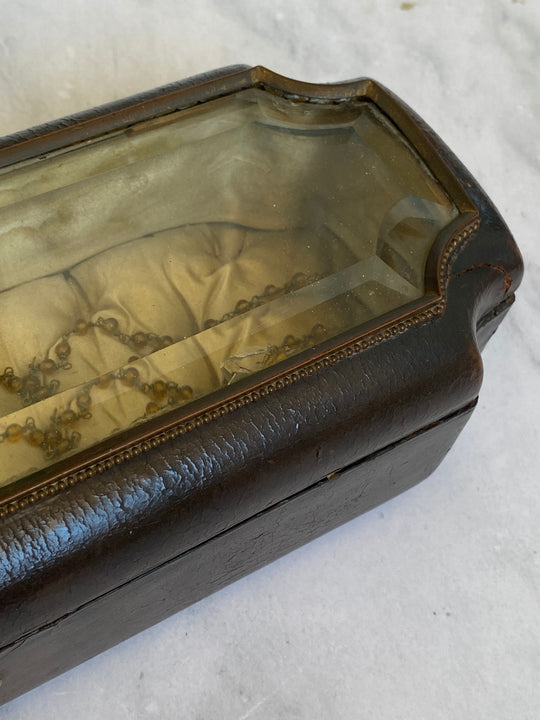 19th century French Napoleon III leather and beveled glass top glove box