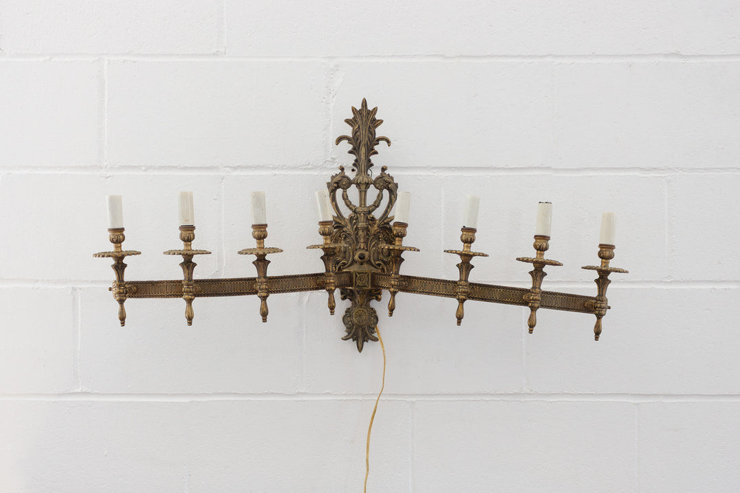 midcentury french 8-light brass wall light sconce