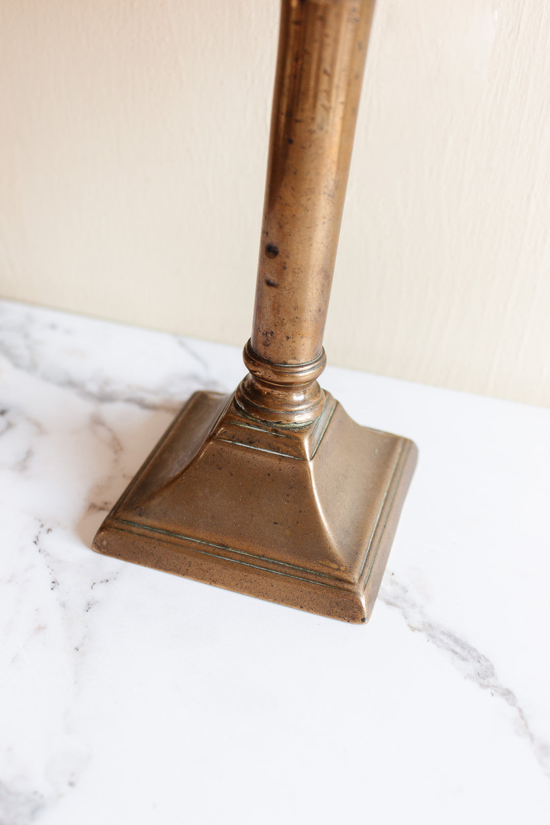 pair of antique French brass candlestick lamps with midcentury shades