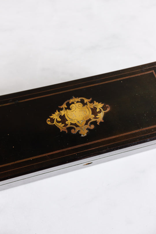 19th century mahogany Napoleon III ebony & brass inlay glove box
