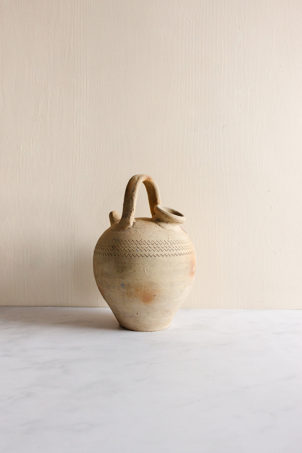 antique European stoneware oil vessel