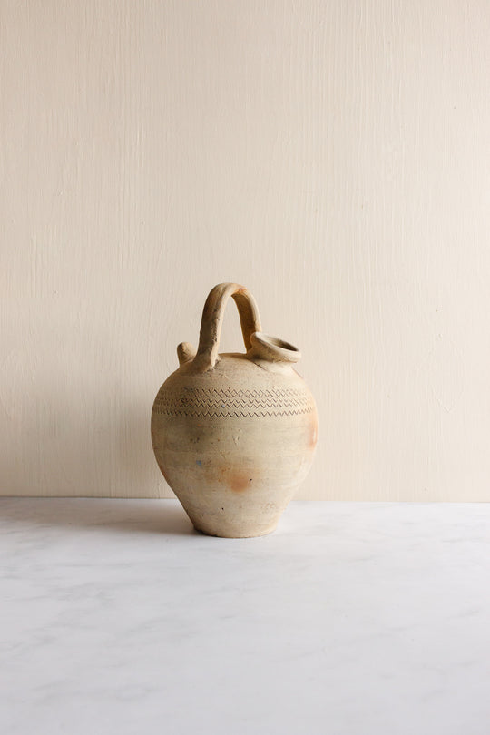 antique European stoneware oil vessel