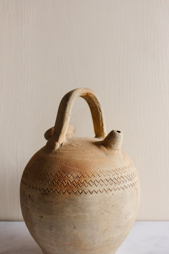 antique European stoneware oil vessel