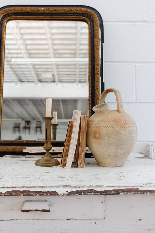 antique European stoneware oil vessel