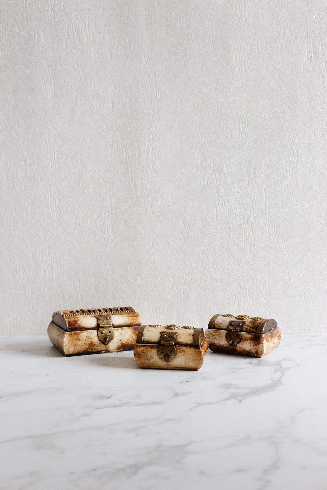 set of 3 petite camel bone and brass boxes