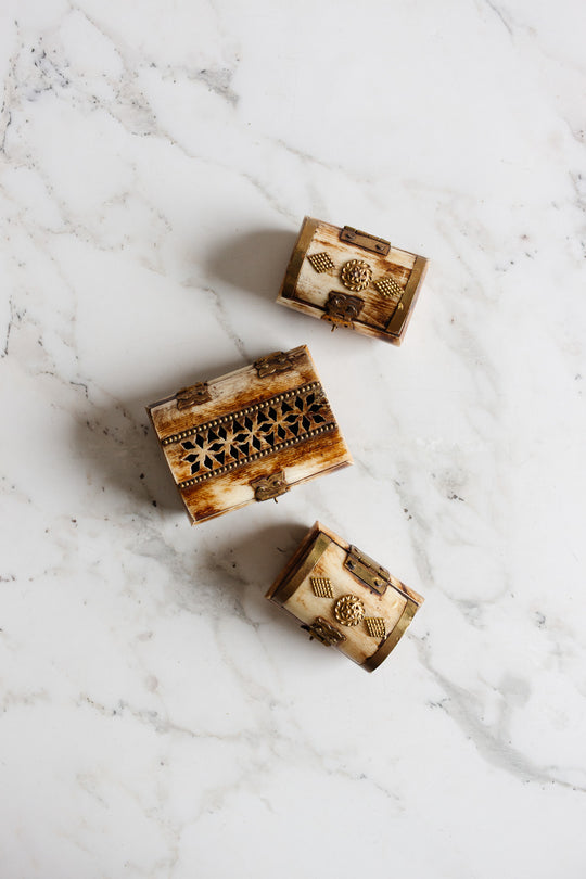 set of 3 petite camel bone and brass boxes