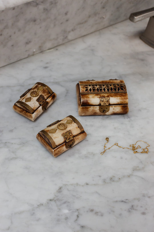 set of 3 petite camel bone and brass boxes