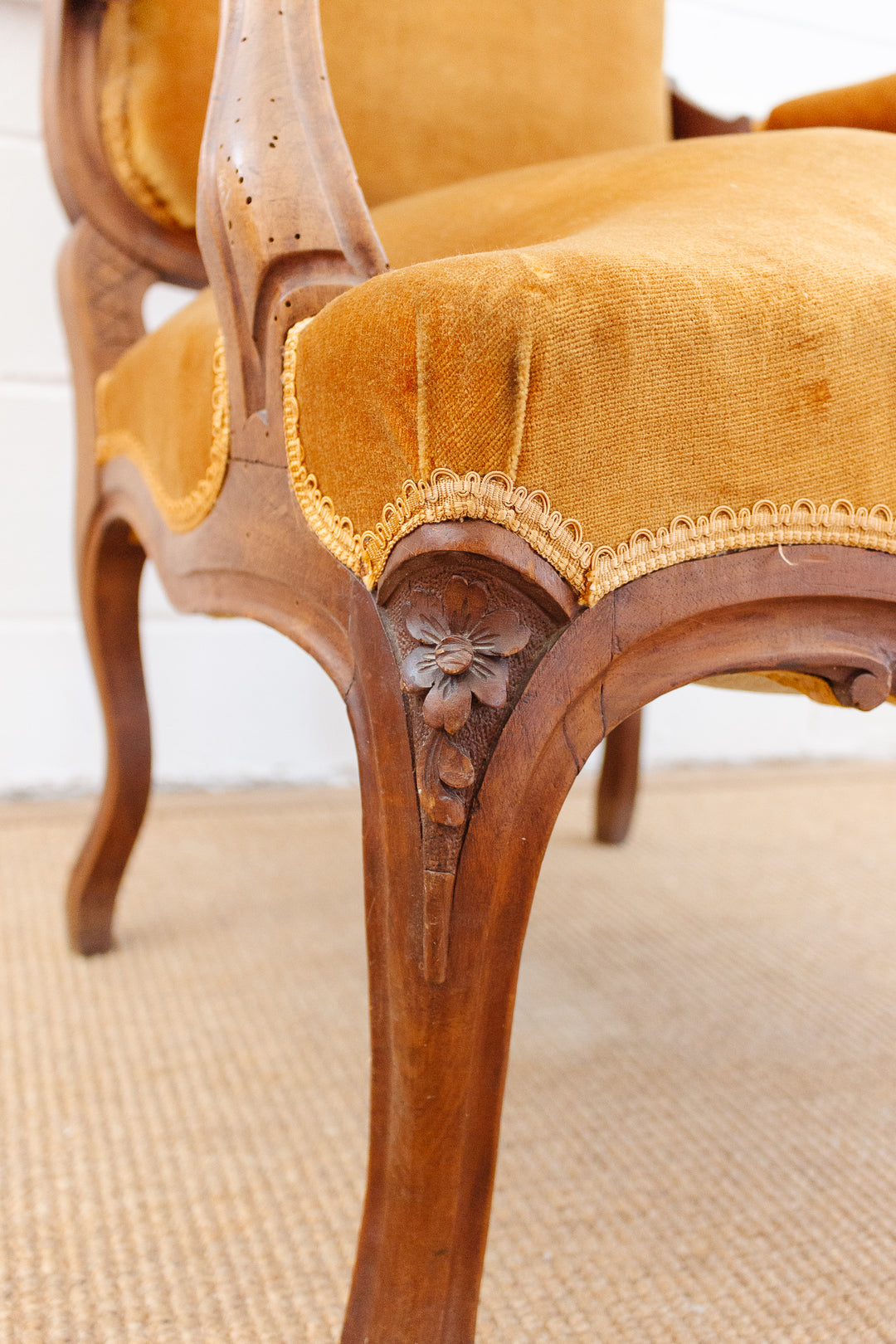 19th century Louis XV carved walnut and velvet armchair