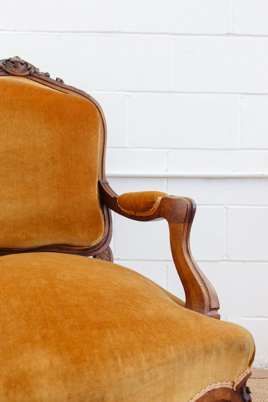 19th century Louis XV carved walnut and velvet armchair