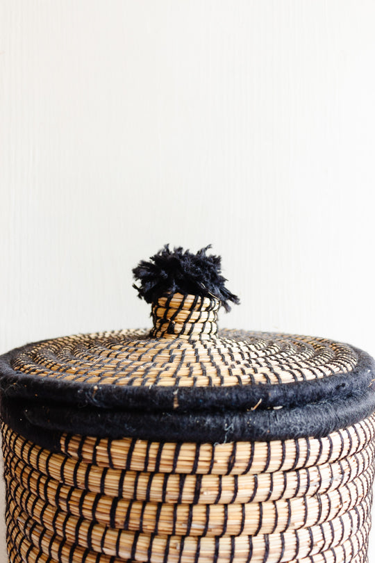 vintage moroccan straw and wool Berber basket
