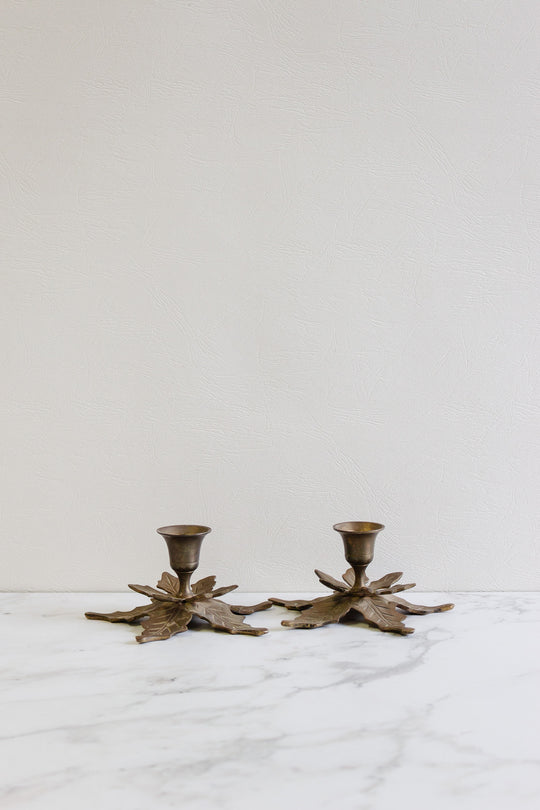 pair of antique french brass leaf candlesticks