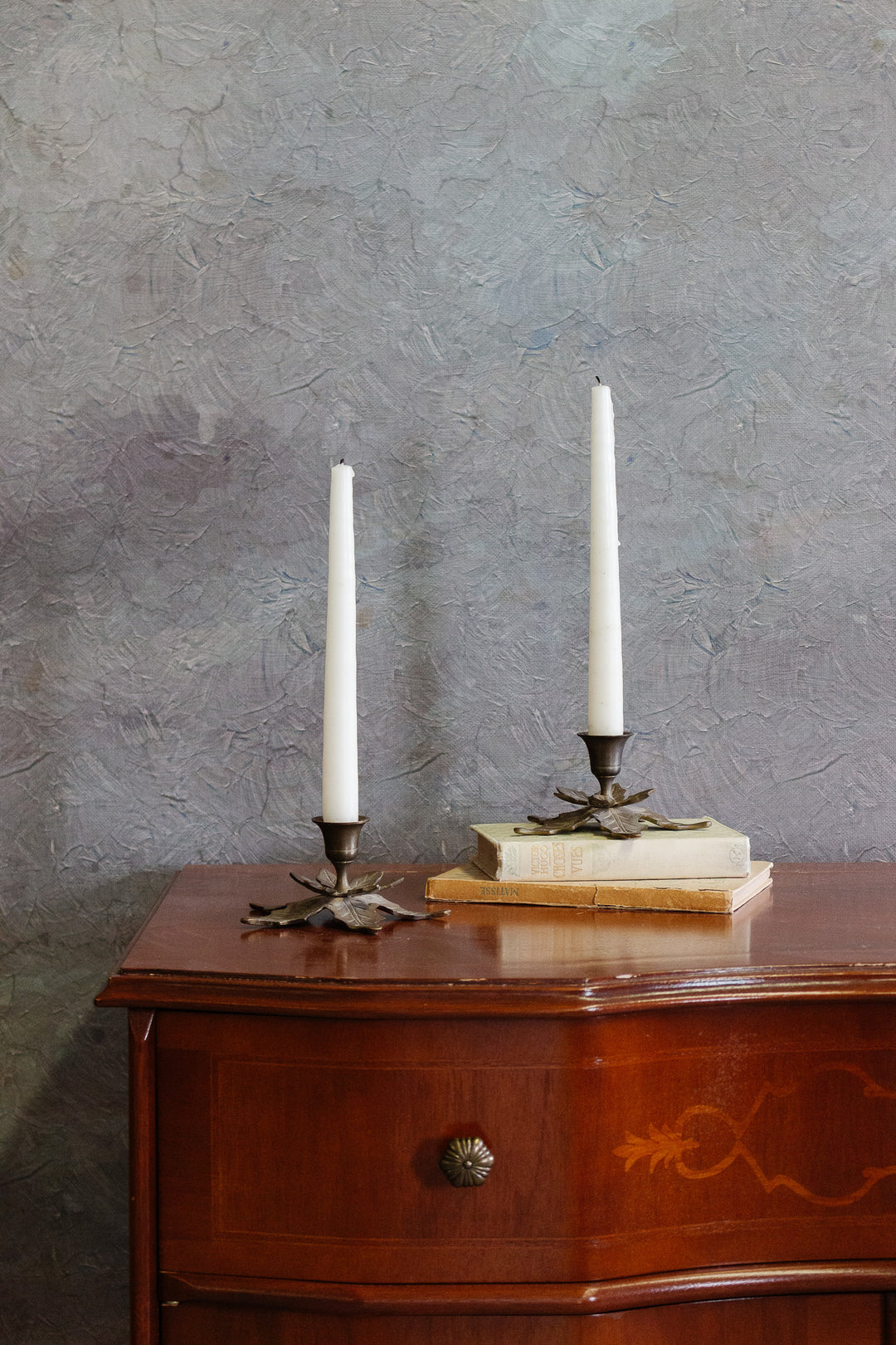 pair of antique french brass leaf candlesticks