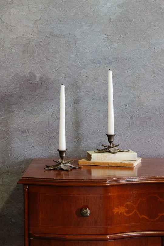 pair of antique french brass leaf candlesticks
