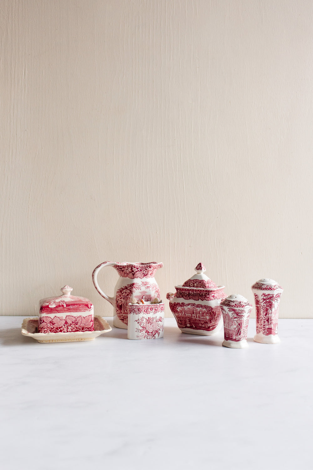 antique English Mason ironstone “Vista Pink” dinnerware collection