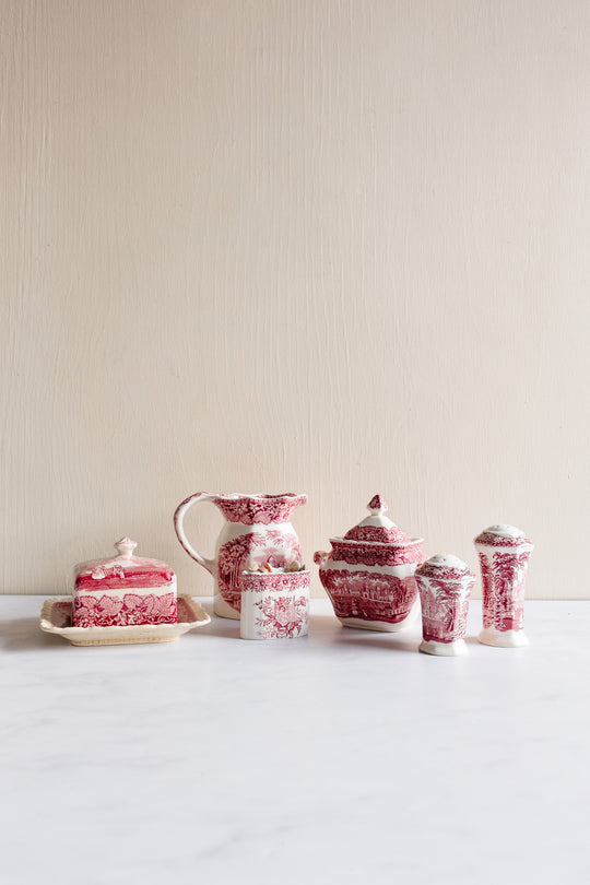 antique English Mason ironstone “Vista Pink” dinnerware collection