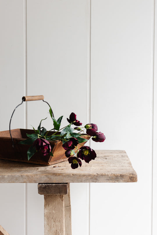 vintage french wooden trug with metal handle
