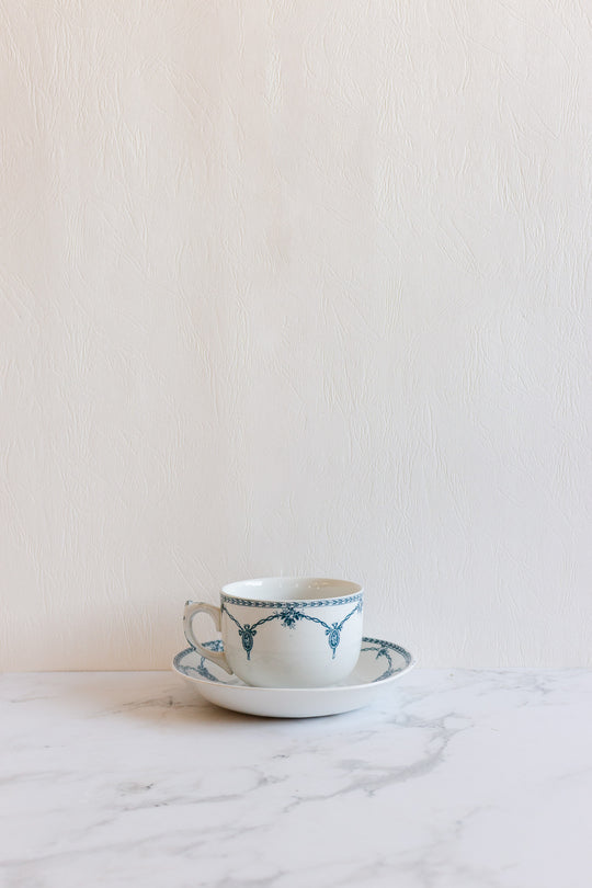 antique blue and white teacup and saucer by keeling & co ltd