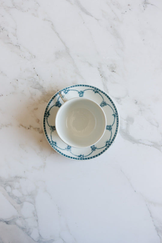 antique blue and white teacup and saucer by keeling & co ltd