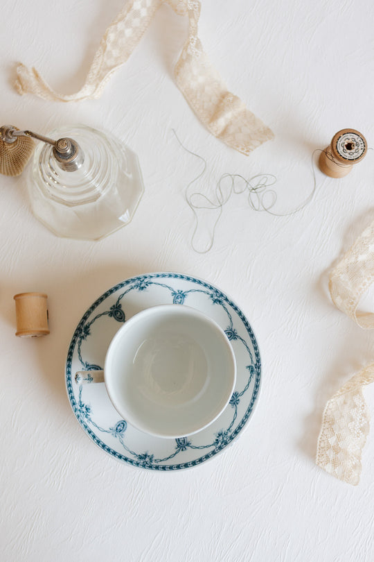 antique blue and white teacup and saucer by keeling & co ltd
