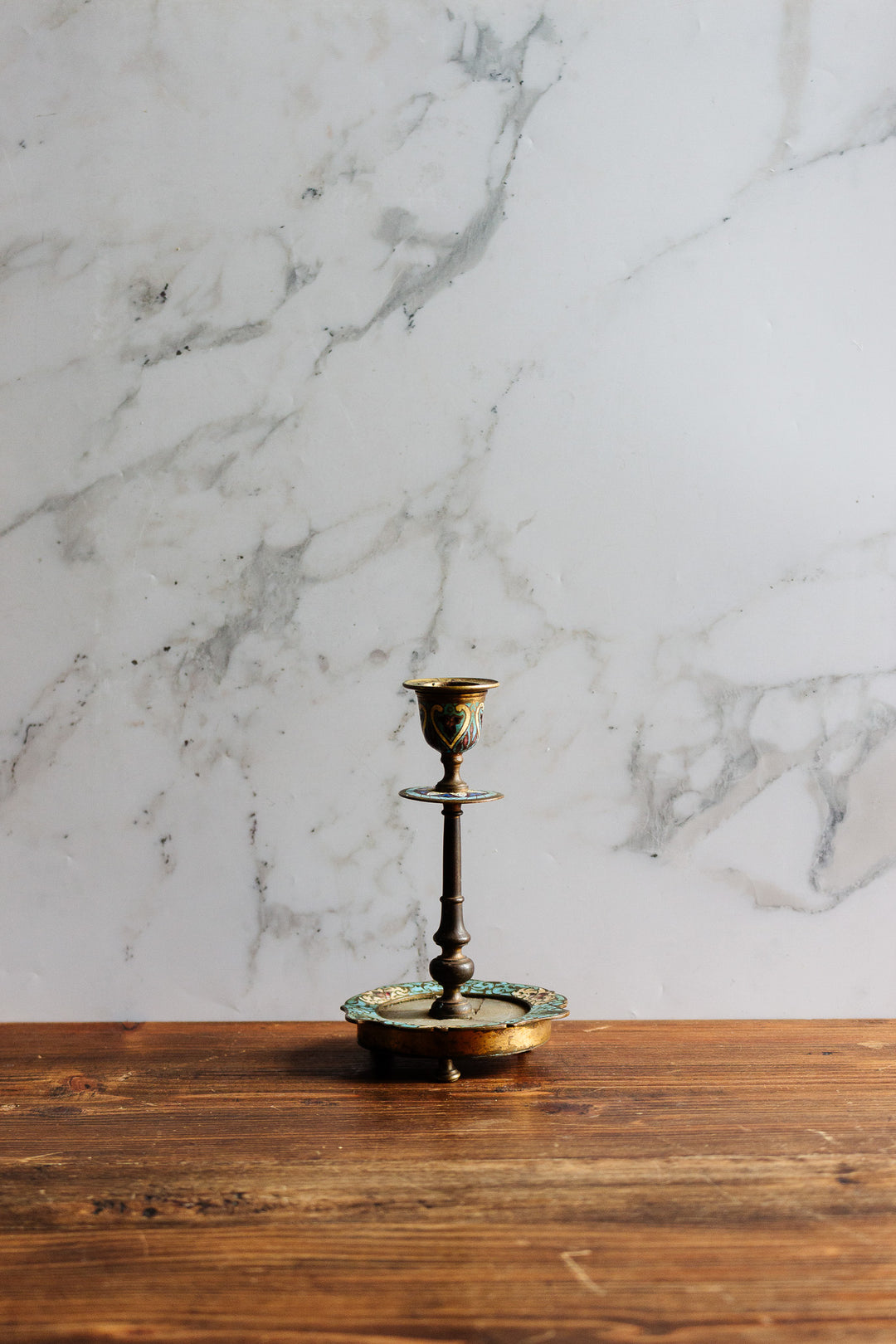 antique french bronze and  cloisonné candlestick