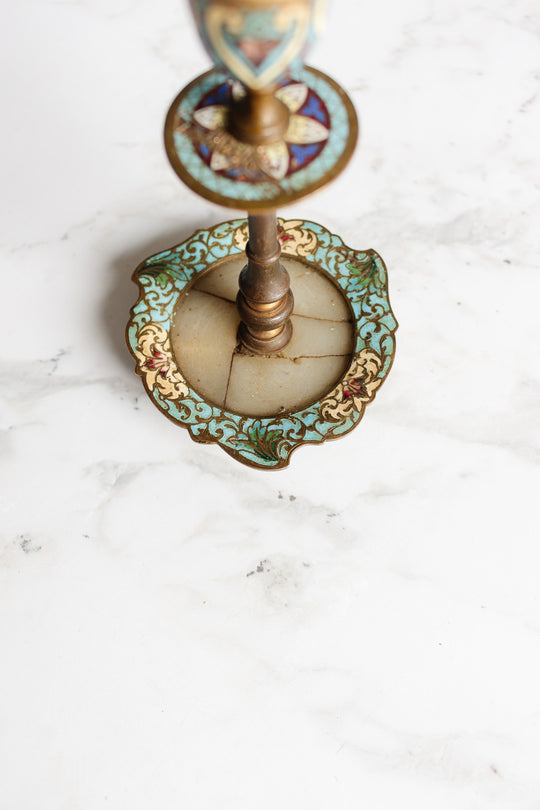 antique french bronze and  cloisonné candlestick