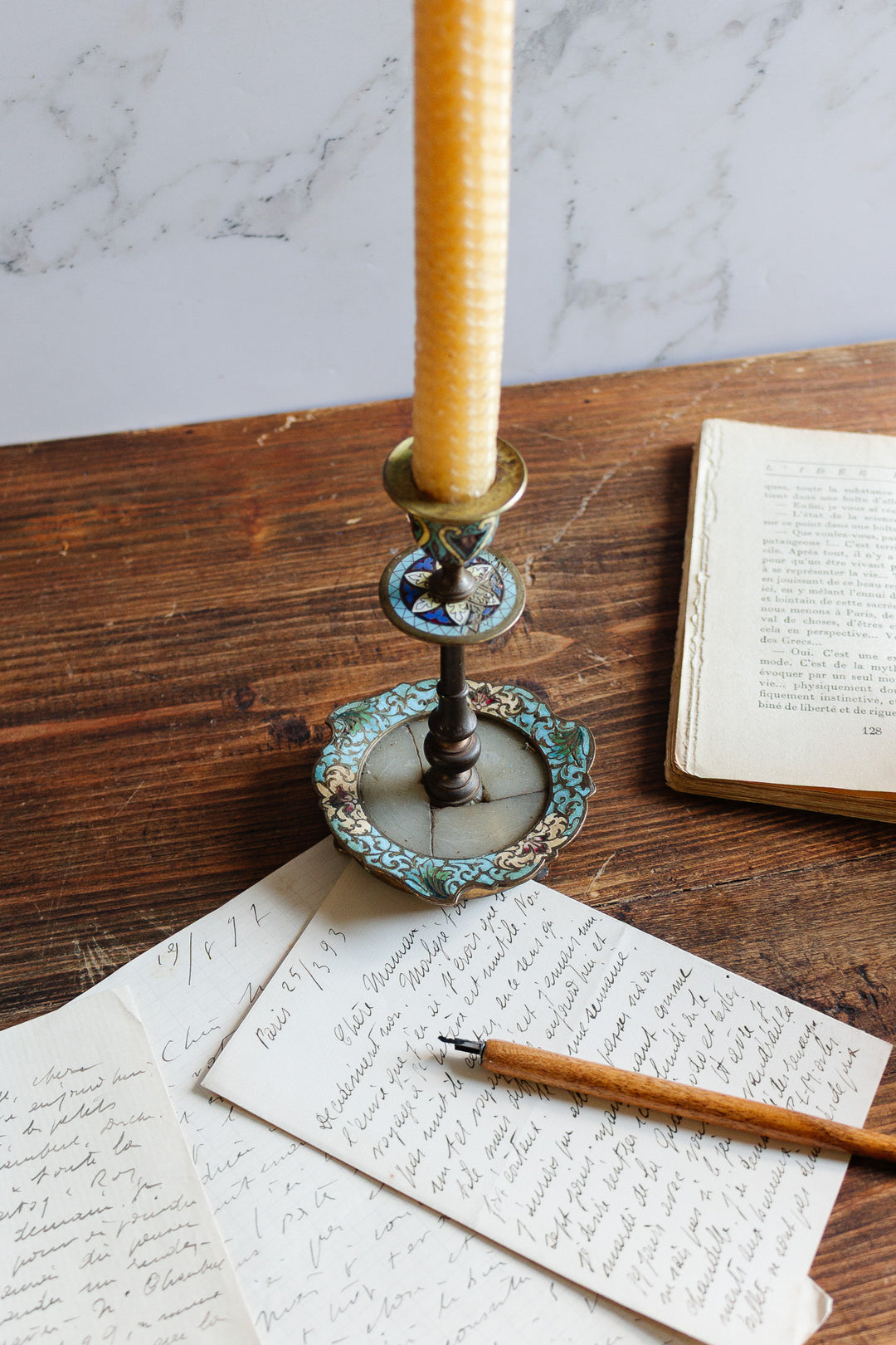 antique french bronze and  cloisonné candlestick