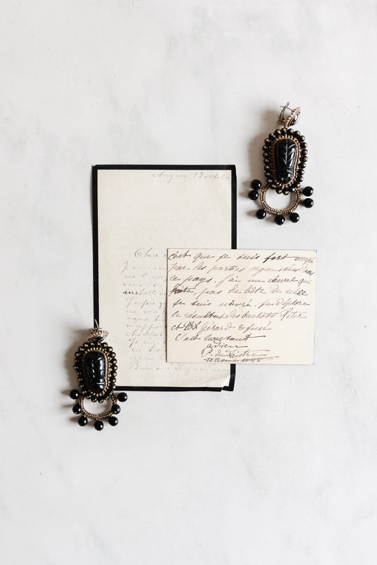 andrew GN paris runway mayan hematite and lucite statement earrings