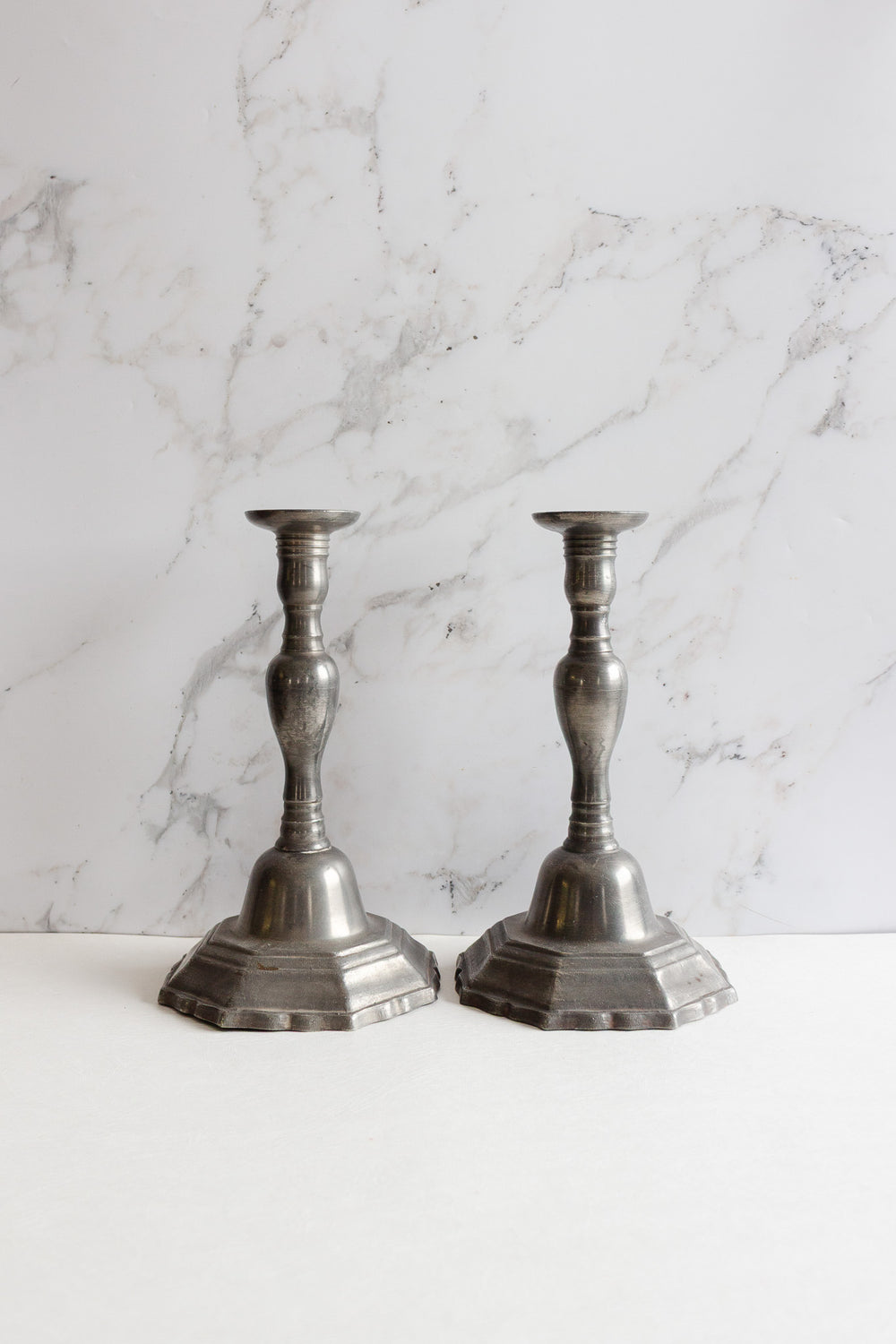 pair of vintage large french pewter candlesticks