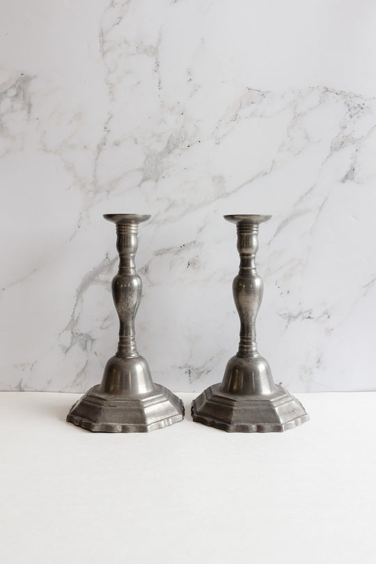 pair of vintage large french pewter candlesticks
