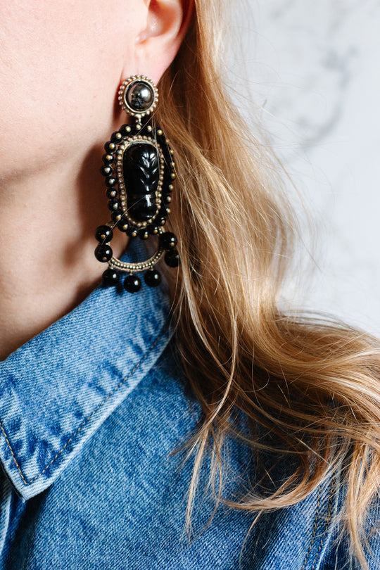 andrew GN paris runway mayan hematite and lucite statement earrings