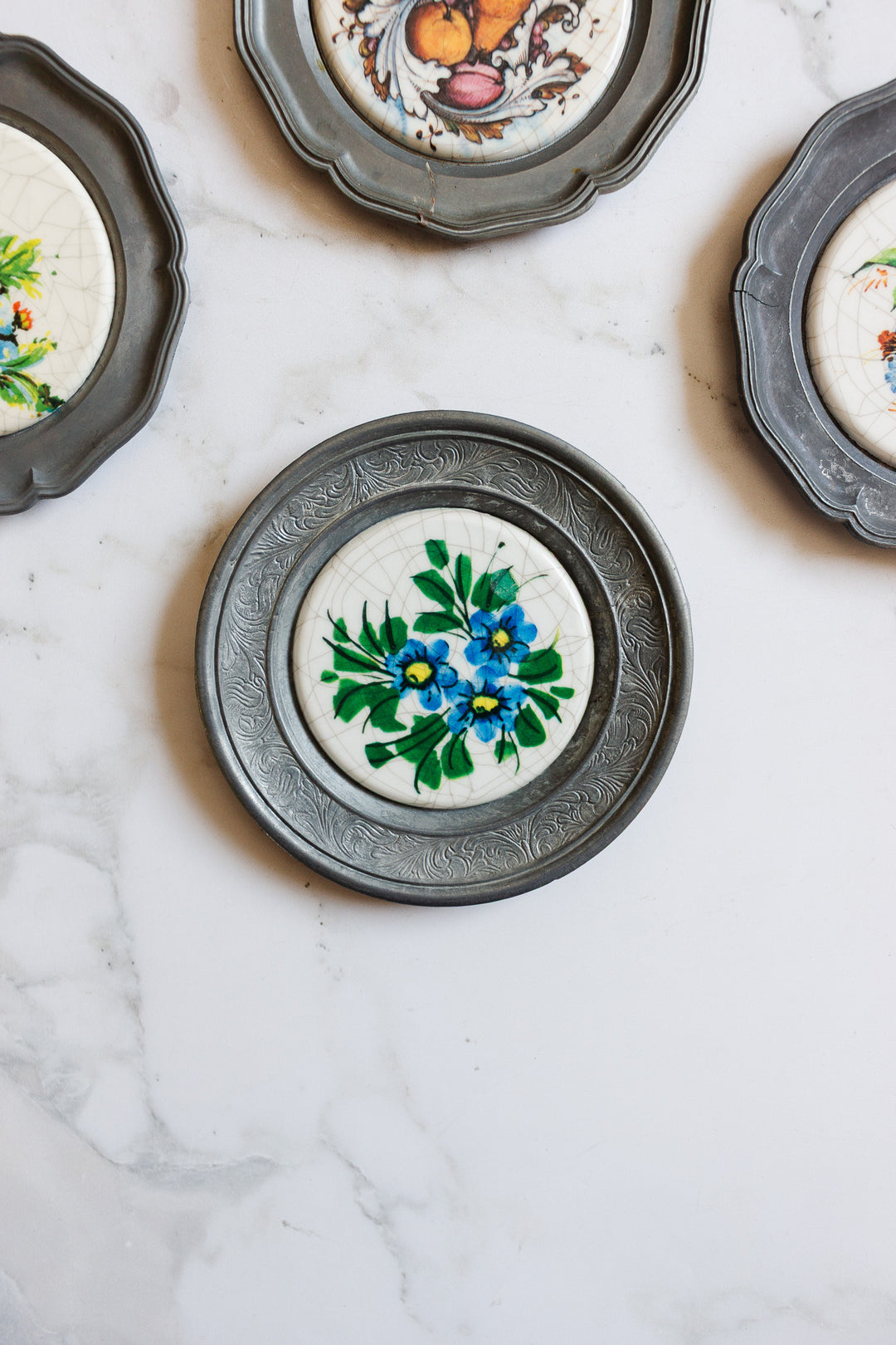 antique European pewter and ceramic "sous bouteille"