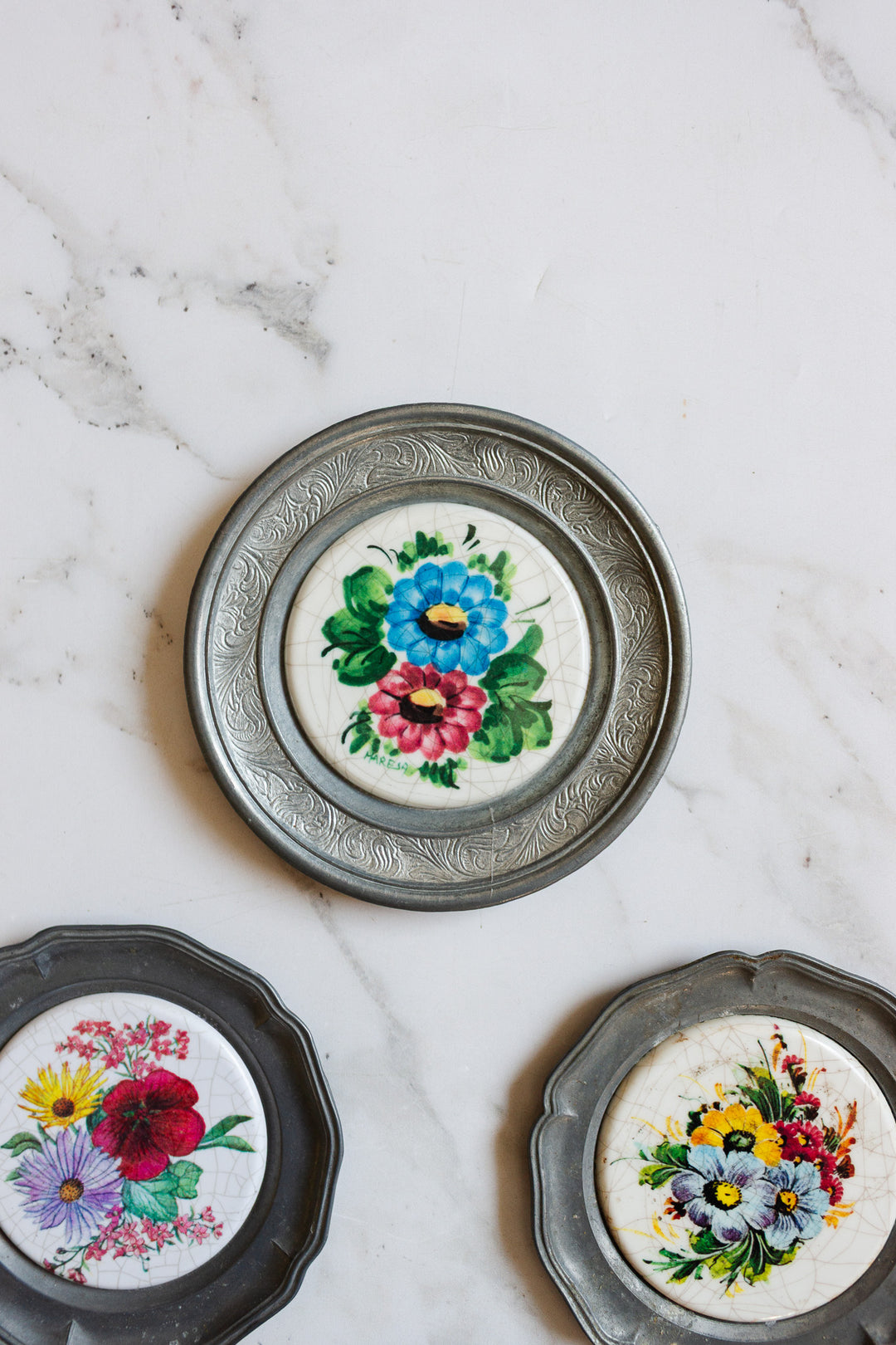 antique European pewter and ceramic "sous bouteille"