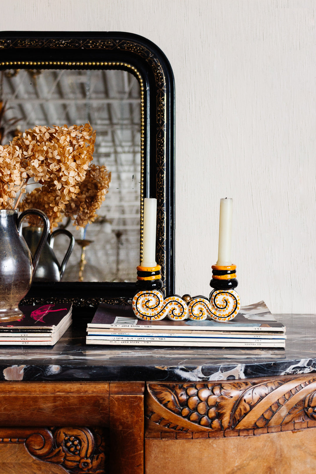 vintage french artisan made handpainted mantle candlestick