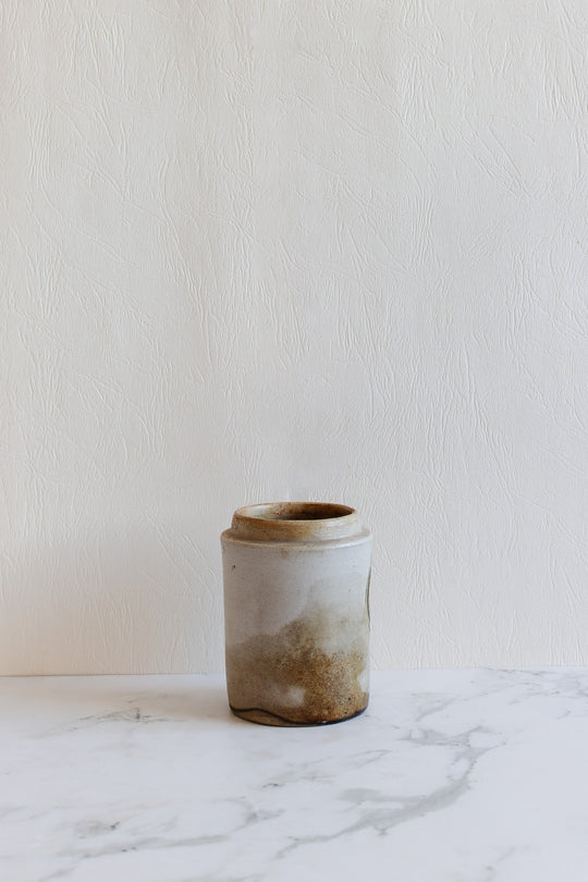 antique "oleum nucistae" stoneware apothecary jar