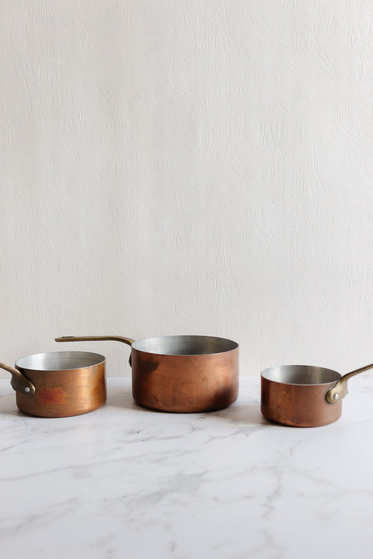 vintage french trio of small copper pots