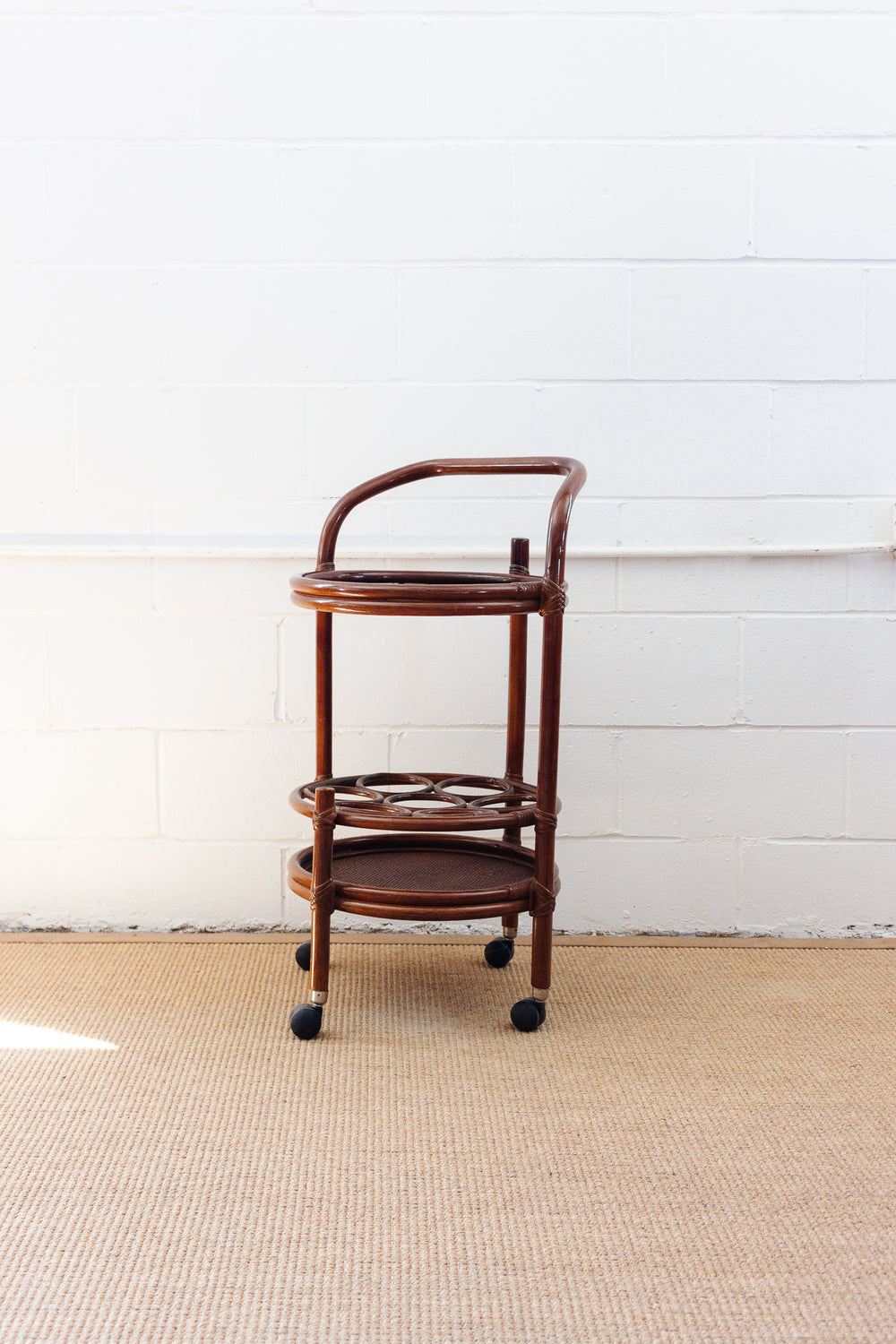 1960s French round bamboo bar cart