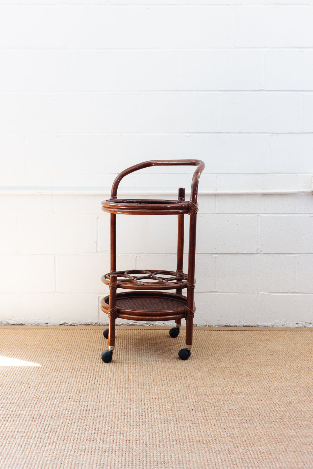 1960s French round bamboo bar cart