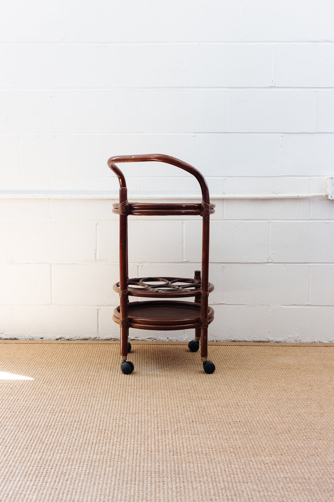 1960s French round bamboo bar cart