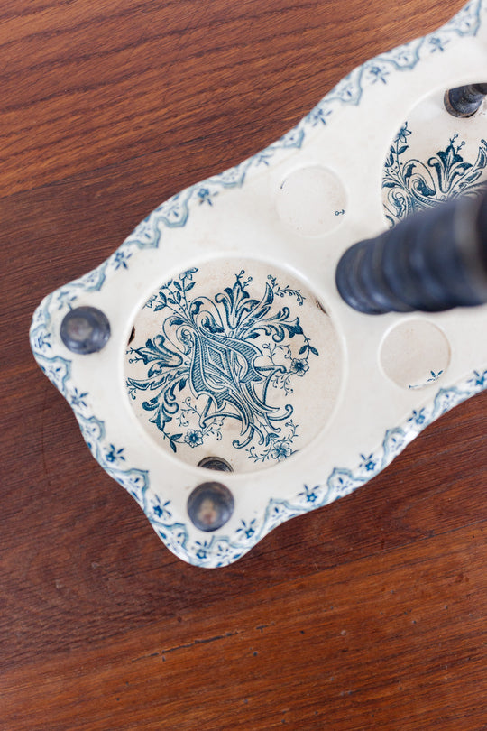 19th century french transferware and ebony oil & vinegar caddy