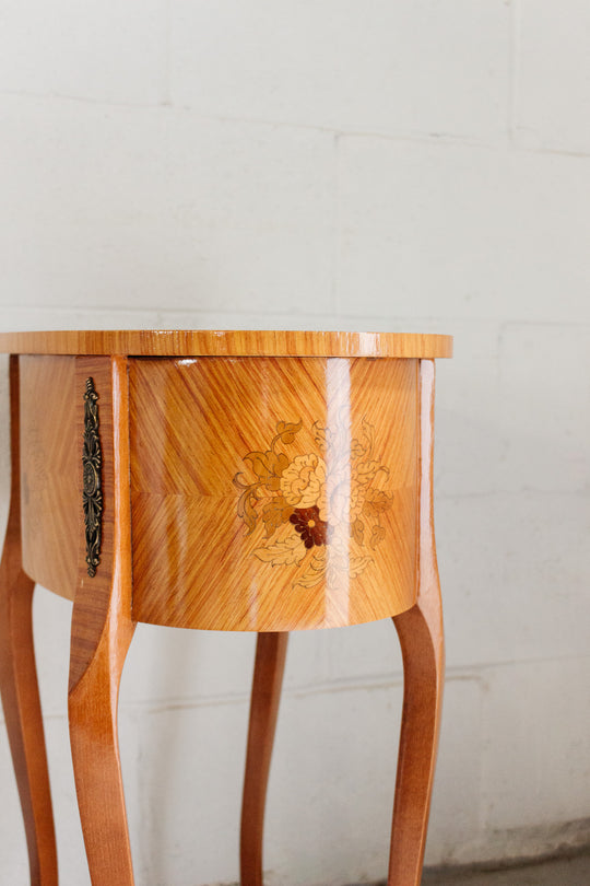 vintage louis xv style side table with marquetry inlay