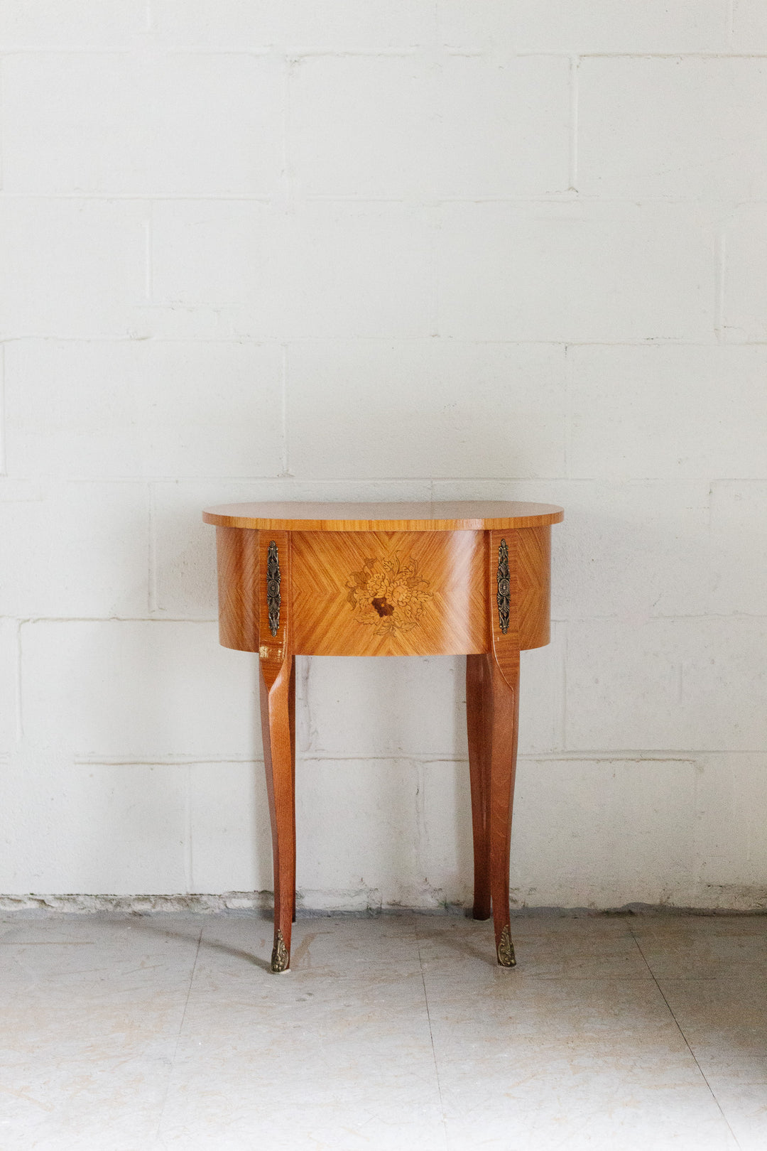 vintage louis xv style side table with marquetry inlay