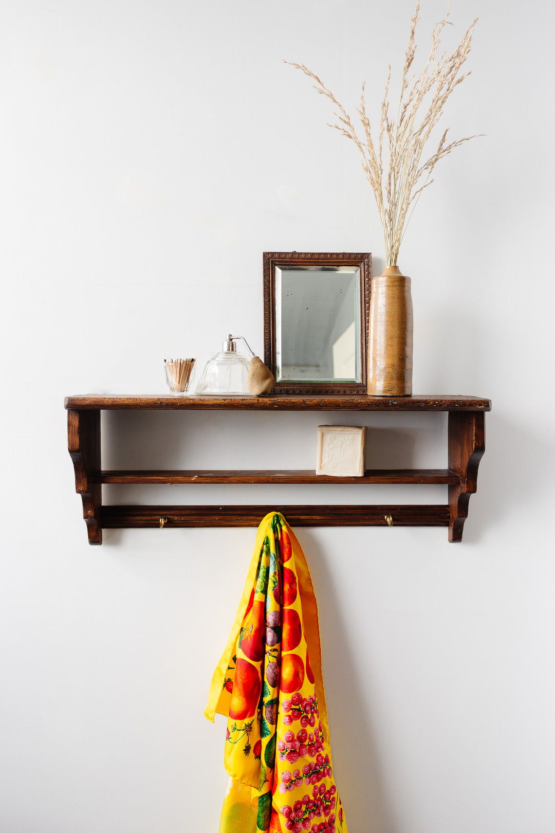 vintage french wall mounted farmhouse wooden shelf with hooks